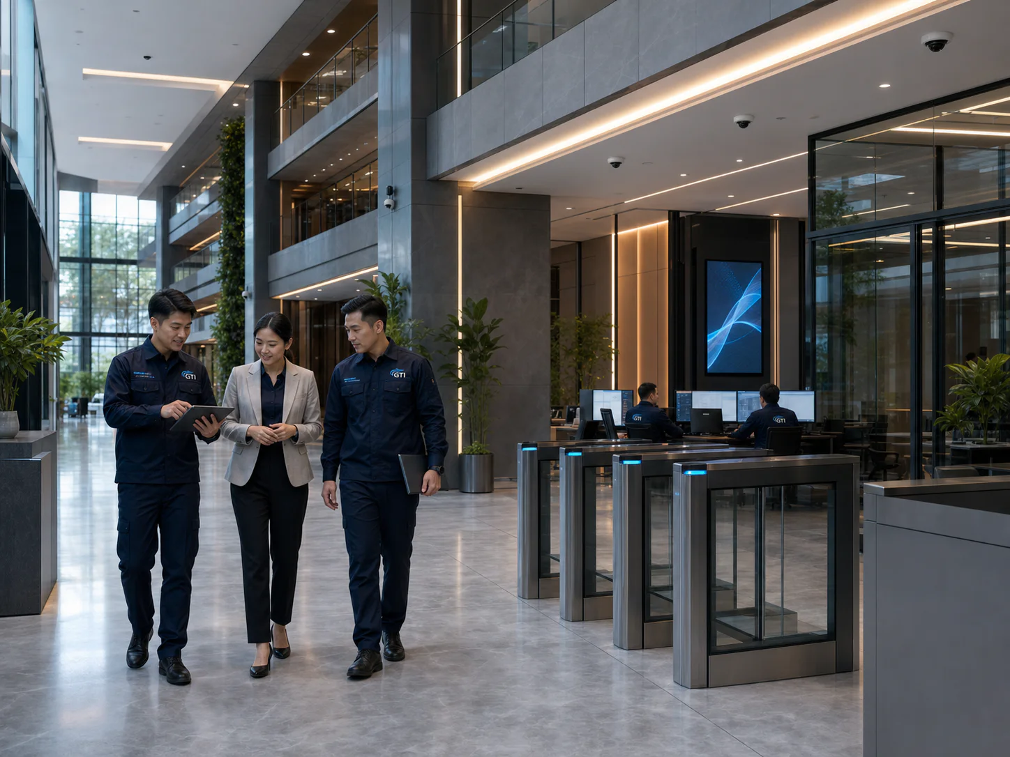 品牌概念图:GTI工程师与设施代表在现代办公楼大厅检查集成弱电系统。