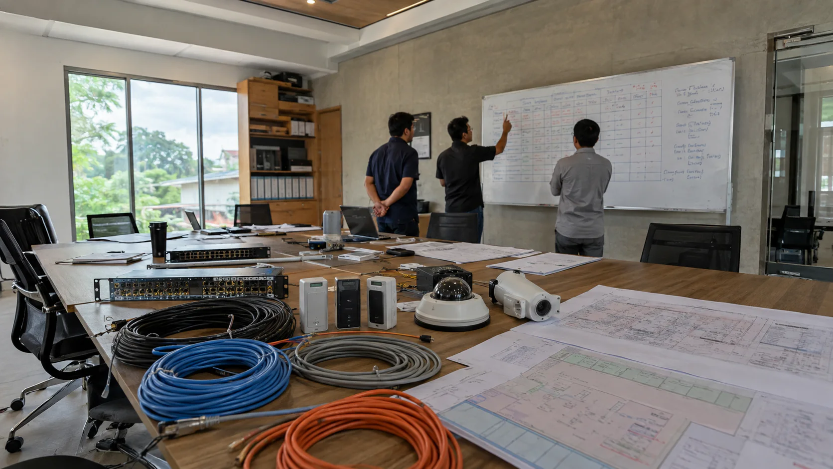 tim teknik membandingkan opsi sistem, sampel perangkat, kabel, dan gambar kerja.