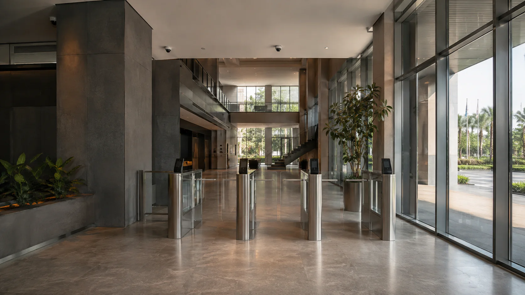 a large building lobby with integrated access-control lanes and CCTV.
