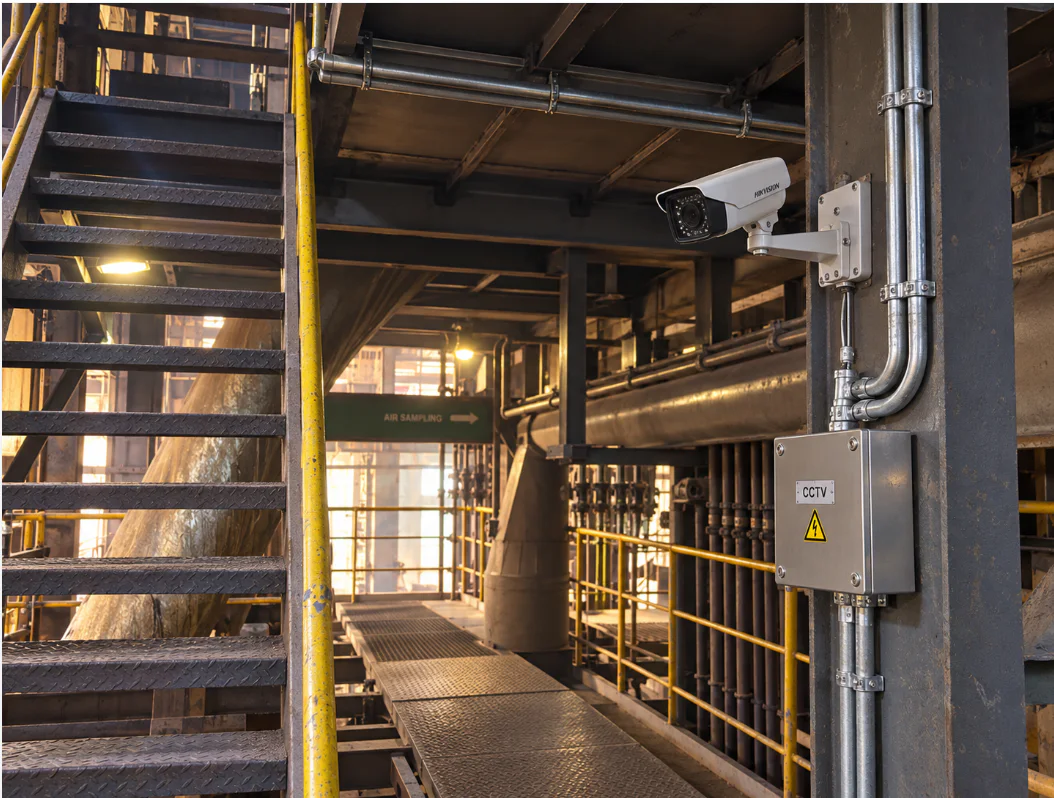 CCTV camera installed with conduit routing in smelting and rotary-kiln workshops.