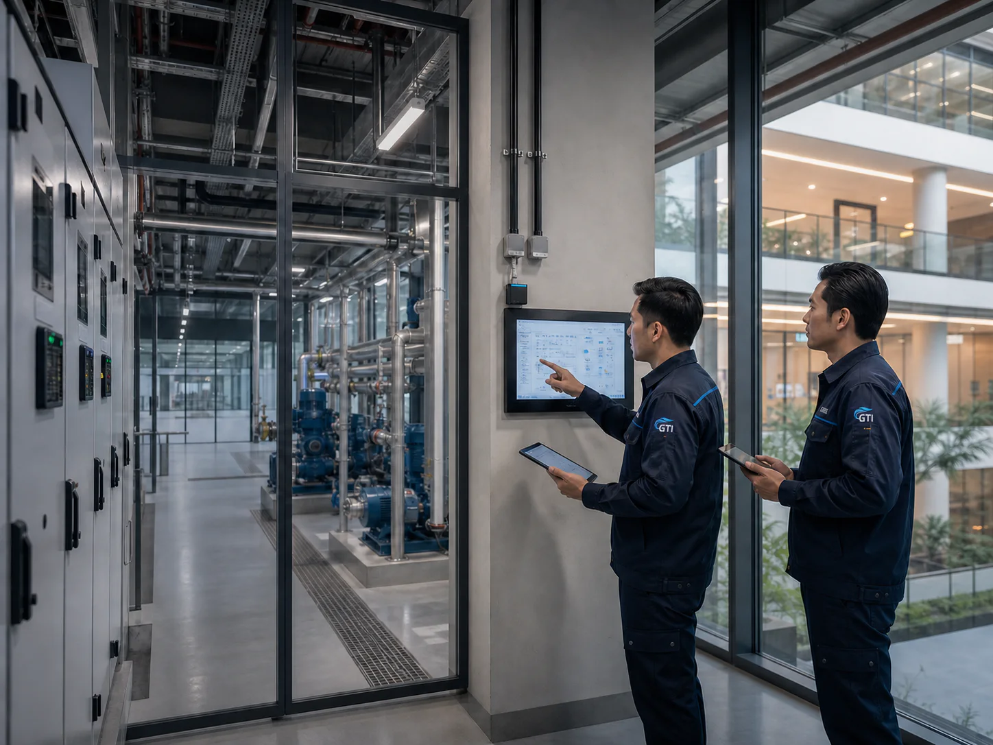 Visual konsep merek: engineer GTI melakukan pengujian fungsi kontrol BMS di area utilitas gedung.