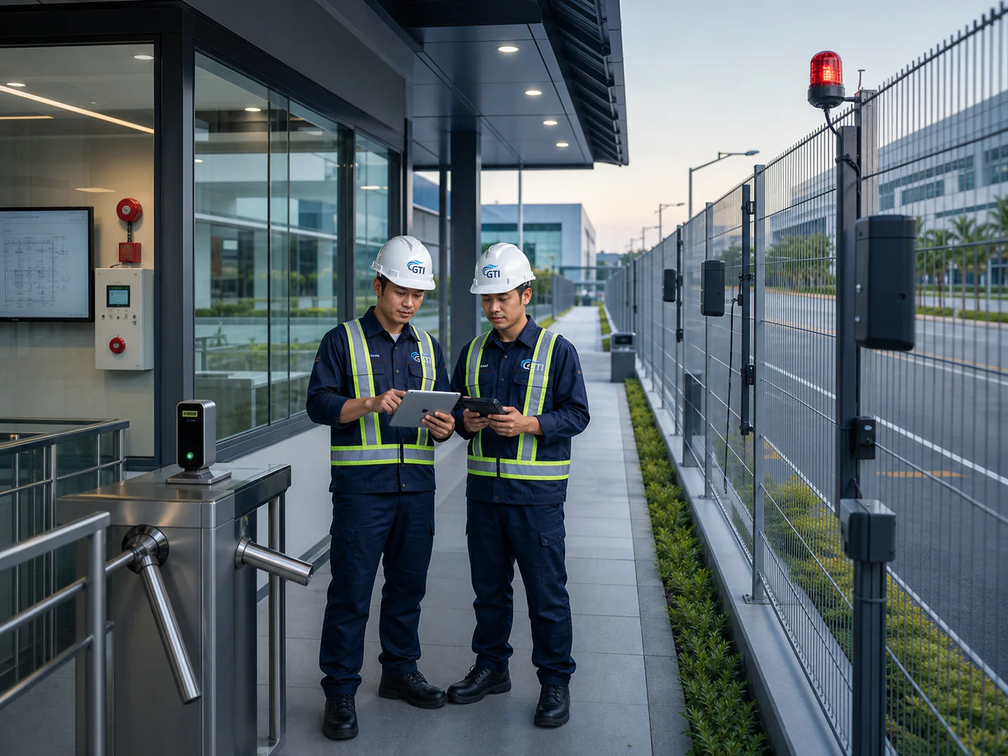 Visual konsep merek: engineer GTI memeriksa kontrol akses, perimeter, dan alarm kebakaran di jalur aman kawasan industri.
