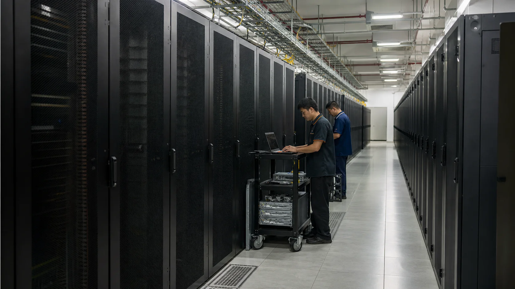 maintenance dan upgrade terencana di lorong data center perusahaan.