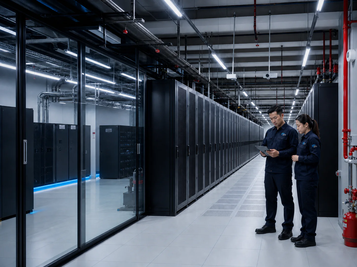 Visual konsep merek: engineer GTI memeriksa kondisi server dan infrastruktur di ruang data center berskala besar.