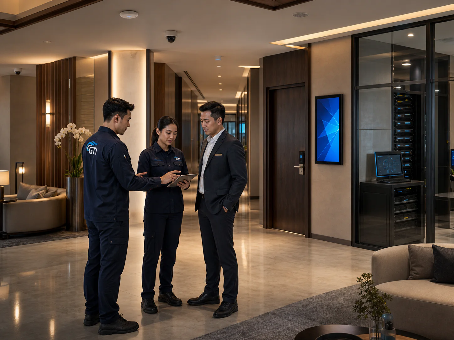 品牌概念图:GTI工程师与酒店设施经理在酒店公共区域核对系统调试结果。