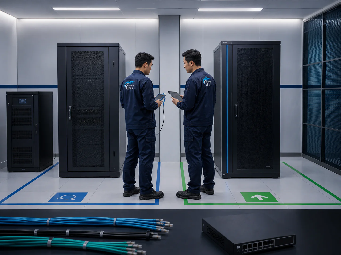 Visual konsep merek: engineer GTI menilai kompatibilitas antara rak yang ada dan sistem yang akan ditingkatkan.
