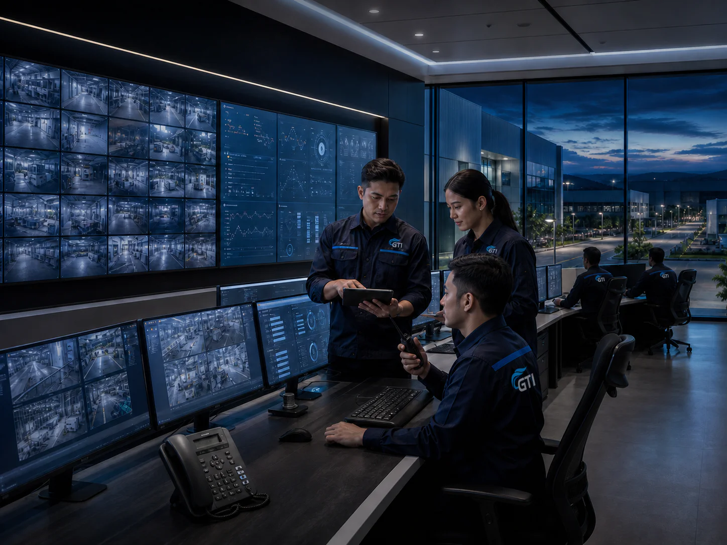 Visual konsep merek: engineer GTI memeriksa sistem CCTV terintegrasi di pusat kontrol berskala besar.
