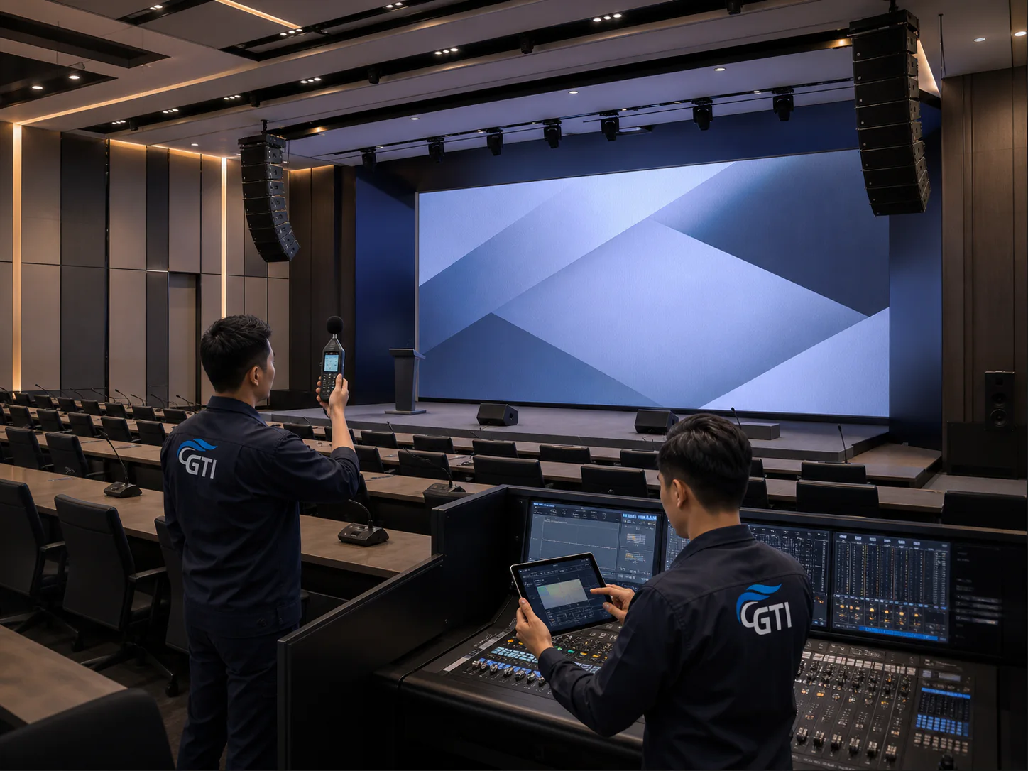 Visual konsep merek: engineer GTI menguji sistem audio, display, dan kontrol di ruang konferensi modern.