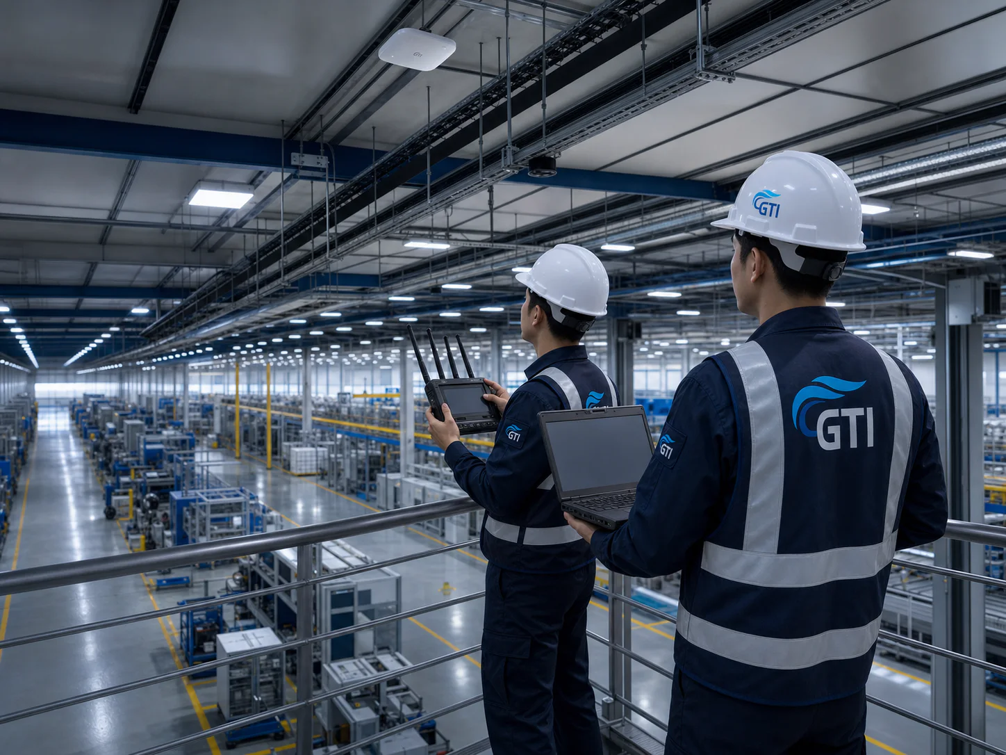 Visual konsep merek: engineer GTI berhelm melakukan survei WiFi perusahaan di pabrik berskala besar.